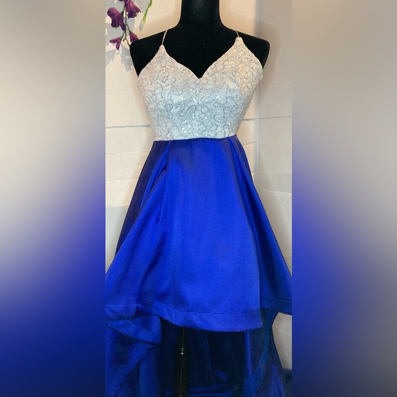 B.Darlin Dress Formal Prom Homecoming Blue & Silver High/Low Size 7/8 [bb] - Picture 4 of 8